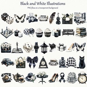May include: Black and white illustrations of various objects, including a chess set, cupcakes, a watch, a cat, a car, a bow, a clock, a teacup, a camera, a sweater, a telephone, a table, and high heels. The text at the top says "Black and White Illustrations".