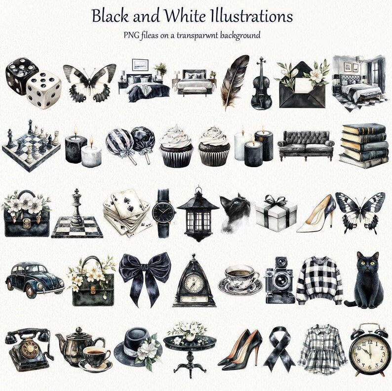 May include: Black and white illustrations of various objects, including a chess set, cupcakes, a watch, a cat, a car, a bow, a clock, a teacup, a camera, a sweater, a telephone, a table, and high heels. The text at the top says "Black and White Illustrations".