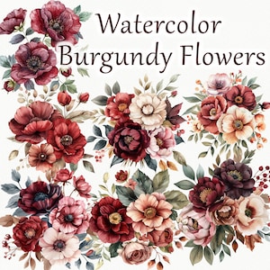 Clipart aquarelle de fleurs de Bourgogne. Collection florale aquarelle Blush bordeaux. Clipart mariage. Compositions florales. Fleur de Bourgogne PNG
