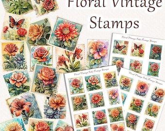 Floral Vintage Stamp Clipart. Vintage Stamps 33pc PNG. Floral clipart. Retro Stamps PNG. Vintage Stamp Digital paper. Stamp Scrapbooking
