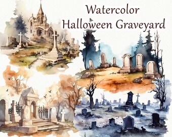 Graveyard Watercolor Clipart. Halloween Landscape Clipart. October Spooky Set. Halloween clipart. Graveyard PNG