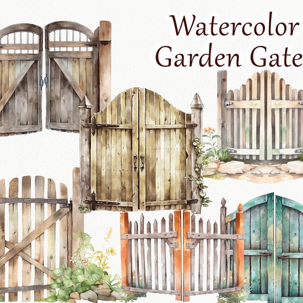 Garden Gates clipart. Watercolor Farmhouse gate illustration. Buildings. Gardening. Cottage Gates clipart PNG