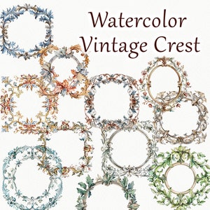 Watercolor Vintage Crest. Romantic Crest collection. Crest frames. Floral arrangements clipart. Wedding Vintage PNG