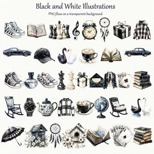 May include: Watercolor illustrations in black and white, featuring a variety of objects. Includes high-top sneakers, books, chess pieces, a musical note, an alarm clock, a dream catcher, a gift box, a plaid shirt, a car, a baseball cap, swans, coffee, and playing cards.