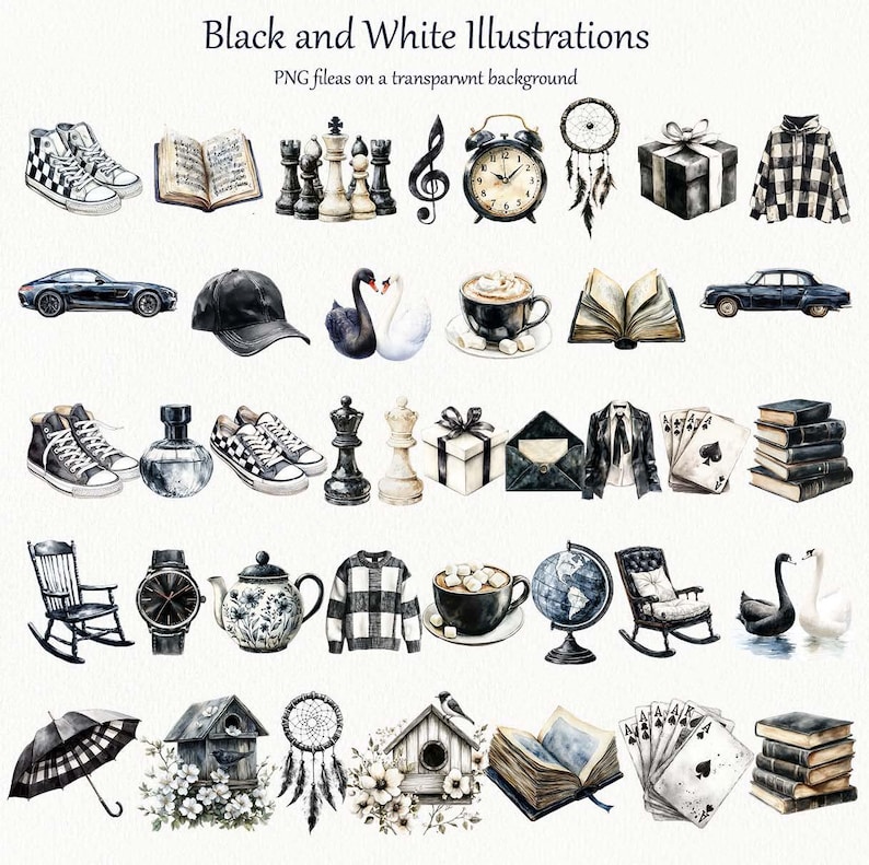 May include: Watercolor illustrations in black and white, featuring a variety of objects. Includes high-top sneakers, books, chess pieces, a musical note, an alarm clock, a dream catcher, a gift box, a plaid shirt, a car, a baseball cap, swans, coffee, and playing cards.