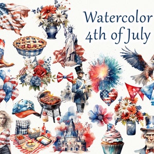 4 de julio Imágenes prediseñadas de acuarela. Imágenes prediseñadas del 4 de julio en acuarela. Imágenes Prediseñadas Patrióticas. Clipart de acuarela del Día de la Independencia Americana