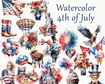 4 de julio Imágenes prediseñadas de acuarela. Imágenes prediseñadas del 4 de julio en acuarela. Imágenes Prediseñadas Patrióticas. Clipart de acuarela del Día de la Independencia Americana