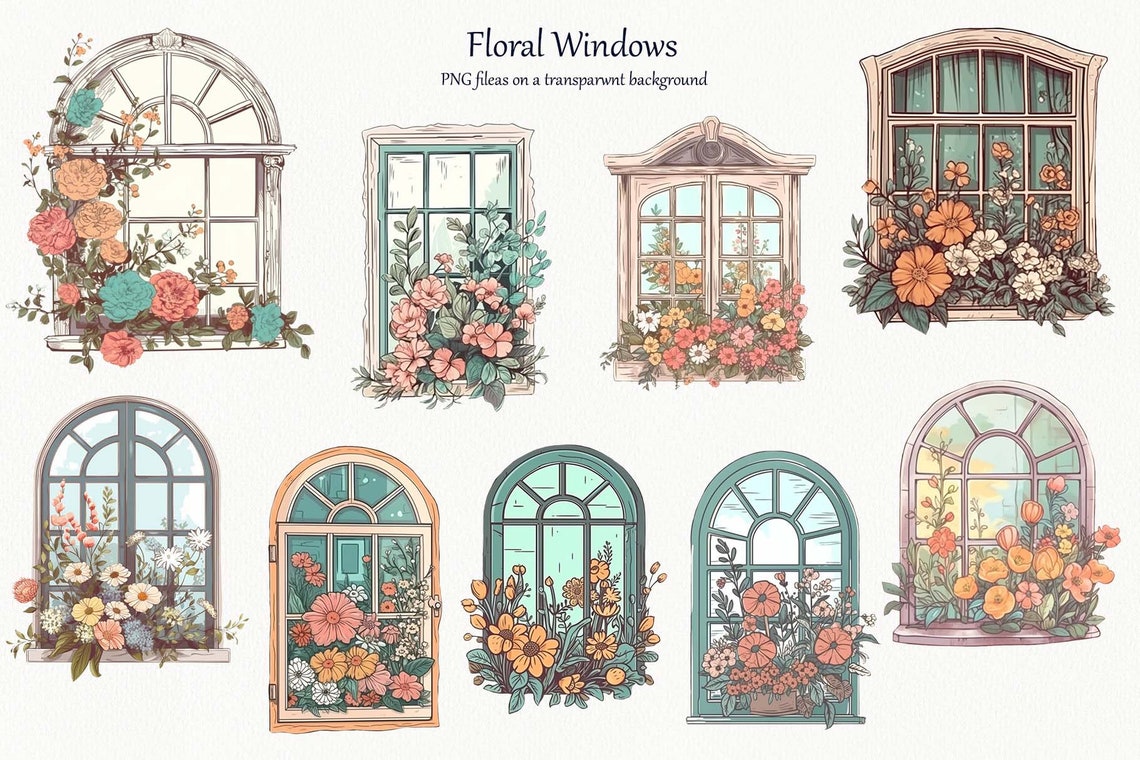 Floral Windows Clipart. Watercolor Spring Windows Illustration. Floral ...