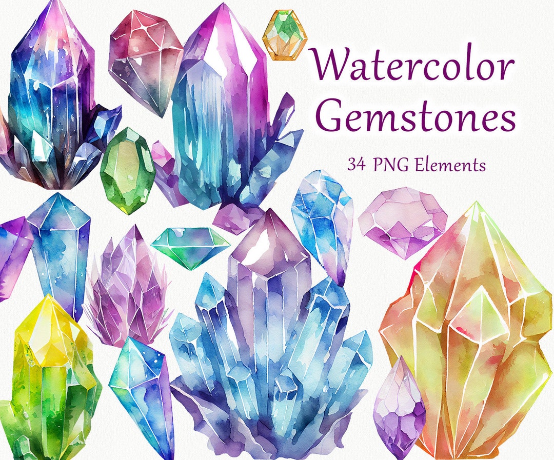 Watercolor Gemstones Clipart. Colourful Crystal Clipart. Crystals