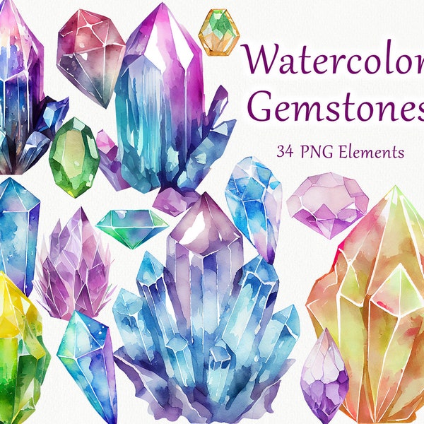 Watercolor Gemstones clipart. Colourful Crystal Clipart. Crystals Gemstones Watercolour Clipart. Minerals Clipart. Amethyst. Gems PNG
