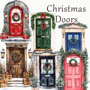 Christmas Doors Watercolor Clipart. Christmas Front Door Clipart. Winter Clipart. Christmas door PNG