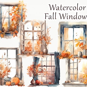 May include: Watercolour painting of four windows with autumn foliage and pumpkins. The windows are framed in dark wood and have a white background. The foliage is in shades of orange, yellow, and red. The pumpkins are orange and green.