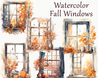 Autumn Windows Clipart. Watercolor Fall windows Illustration. Fall Decor. Window with pumpkins. Farmhouse Windows PNG