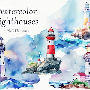Lighthouses Watercolor clipart. Watercolor Lighthouse illustration. Nautical landscapes. Light House Bundle. Lighthouse Scenes Watercolor