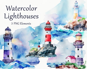 May include: Five watercolor illustrations of lighthouses in various styles. Each lighthouse is depicted on a rocky shore with crashing waves and a blue sky. The text "Watercolor Lighthouses" and "5 PNG Elements" is included in the image.