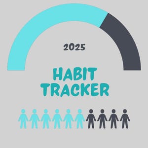 Puede incluir: Una barra de progreso azul y gris con el texto "2025 HABIT TRACKER" y una fila de figuras de palo azules y grises. La barra está llena al 83%.
