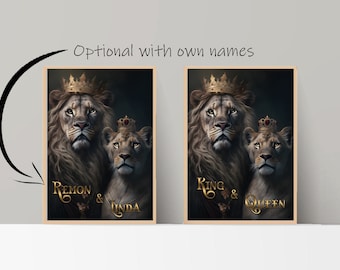 Valentine gift, King & Queen Lion And Lioness Print on: Poster, Canvas, Glass. Digital Print Optional With Own Names.