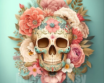 Colorful Mexican Sugar Skull. Filled with a pastel color palette of pink and blue and beautiful flowers
