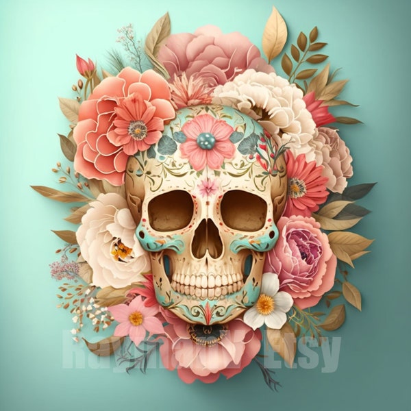 Colorful Mexican Sugar Skull. Filled with a pastel color palette of pink and blue and beautiful flowers