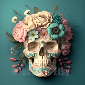 Crâne de sucre mexicain coloré. Rempli de belles fleurs roses et bleues aux couleurs pastel.