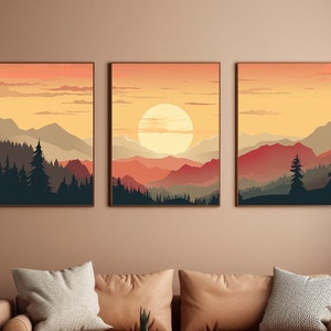 3 Panel Poster Set of Mountains With Sunrise - Minimalist Nature Art - Boho - Livingroom, office or bedroom