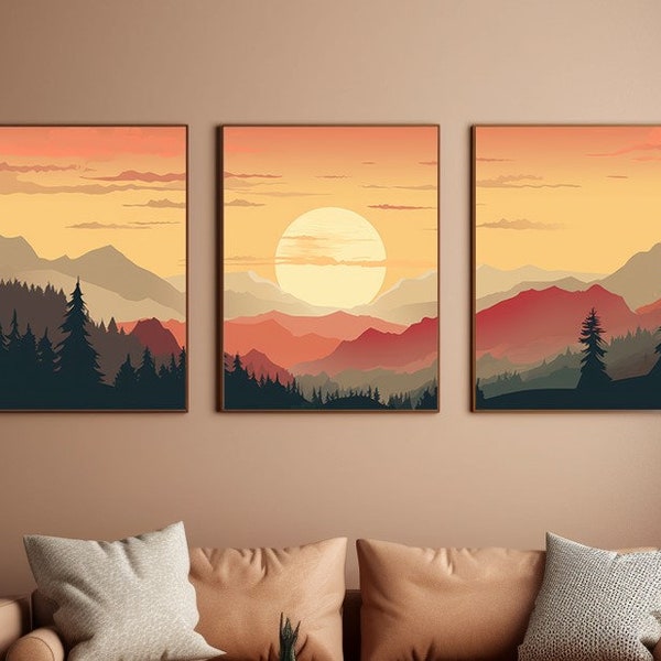 Affiche 3 panneaux Ensemble de montagnes avec lever de soleil - Art nature minimaliste - Boho - Salon, bureau ou chambre