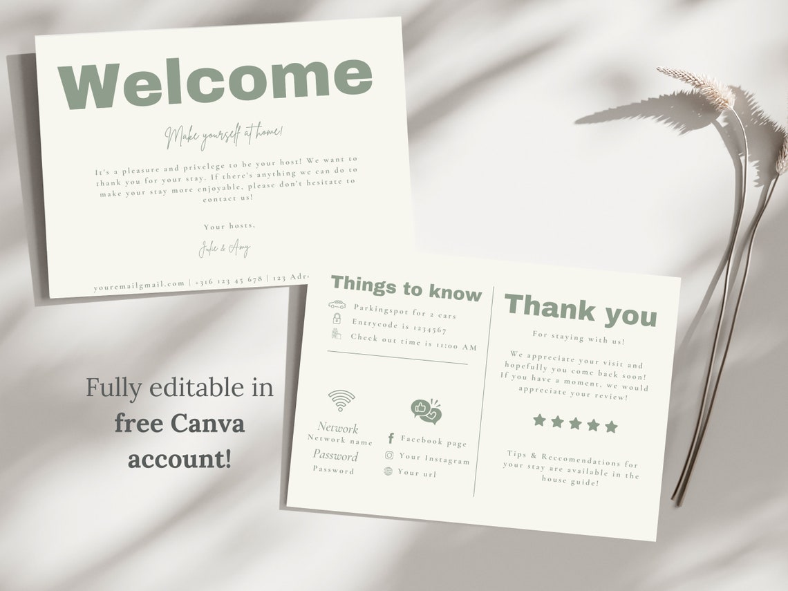 Welcome Card Template for Airbnb, Thank You for Staying Card for Guest ...