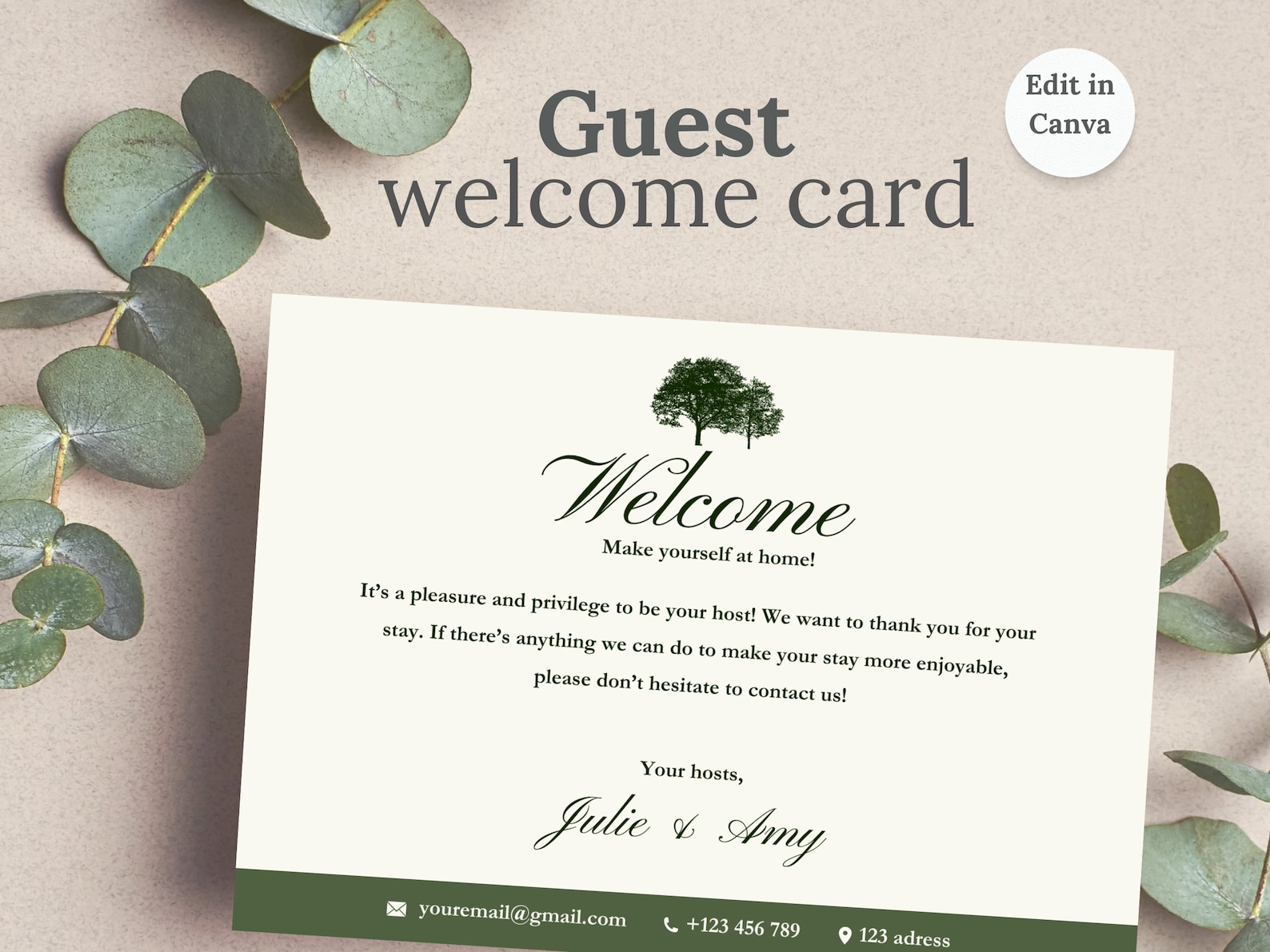 Guest Message Welcome Card Canva Template for Airbnb, Thank You for Staying Card for ...