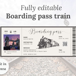 Plantilla de billete de tren, tarjeta de embarque editable, regalo de viaje en tren, billete imprimible sorpresa, viaje en tren, billete de viaje, billete de viaje sorpresa