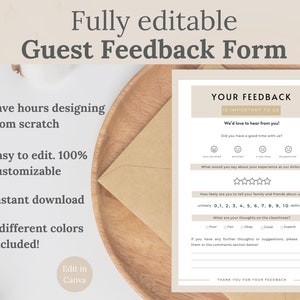 Op de afbeelding: Een printbaar gastfeedbackformulier met een beige achtergrond. Het formulier bevat een sectie voor het beoordelen van de ervaring, een sectie voor opmerkingen en een bedankbericht. De tekst "YOUR FEEDBACK IS IMPORTANT TO US" staat bovenaan het formulier.
