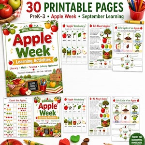 Puede incluir: Un conjunto de 30 páginas educativas imprimibles tituladas Apple Week Learning Activities para estudiantes de preescolar a tercer grado. Las páginas incluyen ilustraciones de manzanas, árboles y ciclos de vida, con texto sobre vocabulario y conteo.