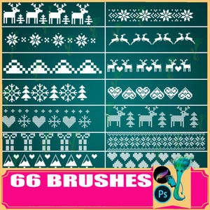May include: A collection of 66 brushes with various white pixelated patterns, including reindeer, snowflakes, and hearts, displayed on a teal background. The image includes a pink banner with the text "66 BRUSHES" and a digital art illustration.
