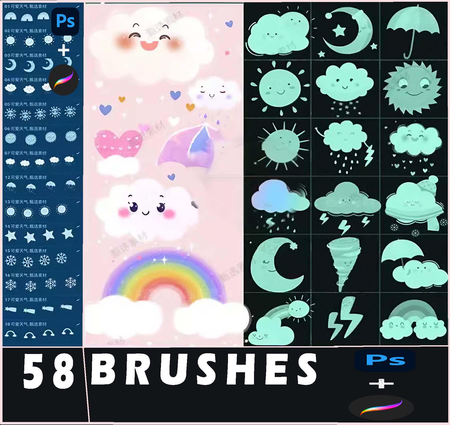 procreate brush ps brush cute cartoon weather sun clouds stars moon rainbow wind and rain dark clouds, photoshop brushes