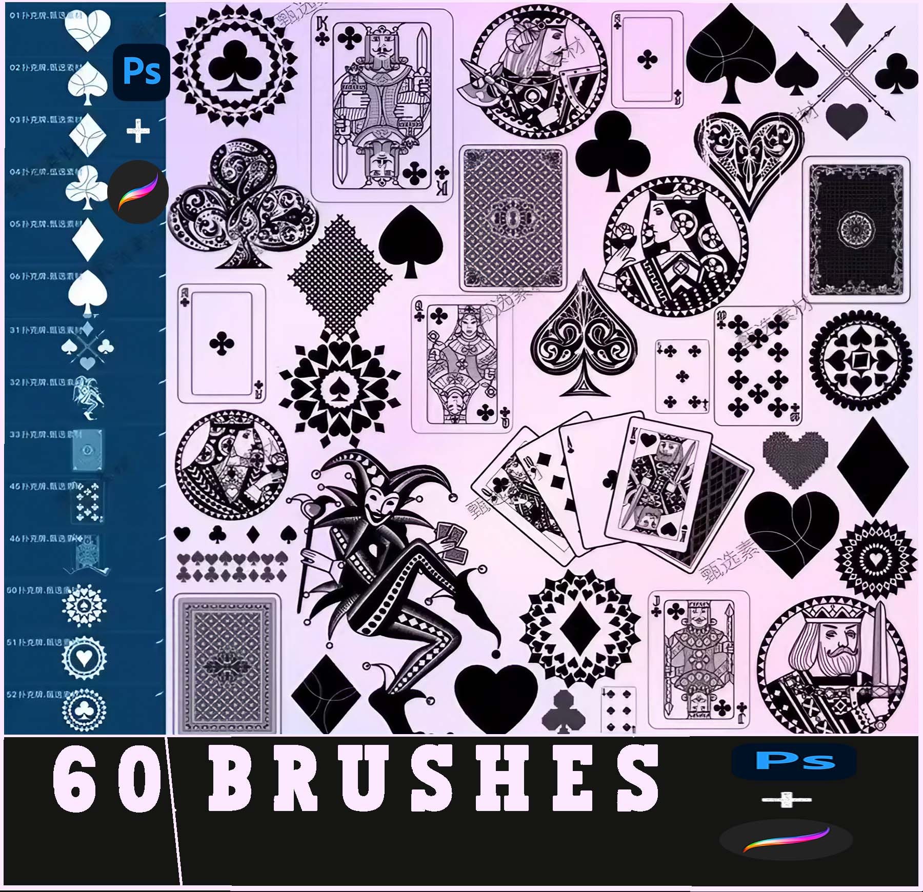 Playing Card Procreate & Photoshop Brushes — 60 Casino Stamps: Aces, Hearts, Spades, Diamonds & Clubs