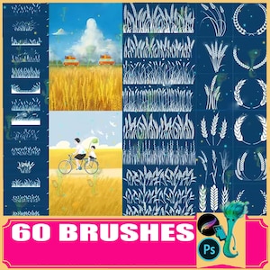 Wheat Field Procreate Brushes: Plant Silhouettes, Photoshop Stamps (60 Brushes)