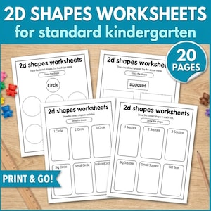 May include: A set of 2D shapes worksheets for kindergarten featuring 20 pages of educational activities. The white paper sheets include black text and outlines for tracing circles and squares, with instructions to draw shapes in boxes. Includes a wooden ruler.