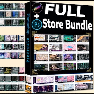 May include: A digital product bundle for Photoshop and Procreate featuring a variety of brushes, textures, and patterns. The bundle includes a variety of styles, including abstract, floral, and geometric. The bundle is available for purchase online.