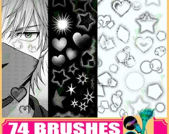 Manga-Style Halftone Stamps and Brushes | Procreate & Photoshop Comic Screentone Kit | Anime Heart and Star Stamps | Manga Texture Effects