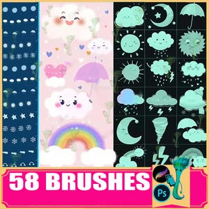 procreate brush ps brush cute cartoon weather sun clouds stars moon rainbow wind and rain dark clouds, photoshop brushes