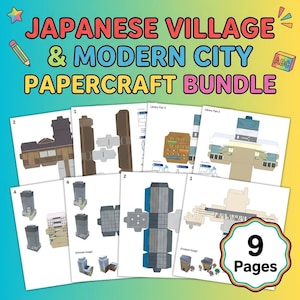 May include: A Japanese Village & Modern City papercraft bundle featuring 9 pages of printable templates. The sheets display various building designs, including architectural layouts, structural components, and finished models for assembly.