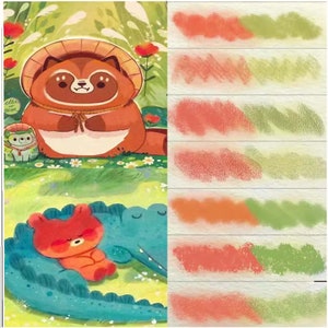 May include: A digital illustration of a raccoon wearing a straw hat and a crocodile with a red bear cub sleeping on top of it. The illustration is in a cartoon style with bright colors. A color swatch chart is shown on the right side of the image.