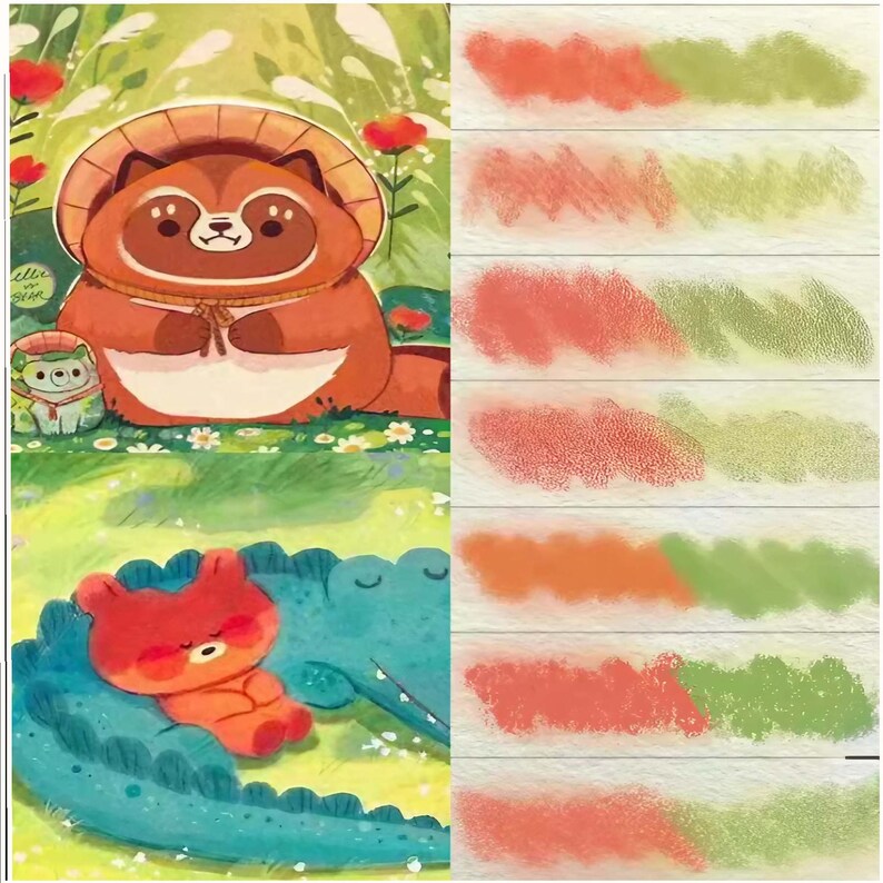 May include: A digital illustration of a raccoon wearing a straw hat and a crocodile with a red bear cub sleeping on top of it. The illustration is in a cartoon style with bright colors. A color swatch chart is shown on the right side of the image.