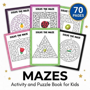 Op de afbeelding: Een activiteiten- en puzzelboek van 70 pagina's met diverse doolhofontwerpen op wit papier met kleurrijke randen. Elke pagina bevat de tekst SOLVE THE MAZE en een centrale illustratie zoals een ananas, lieveheersbeestje, kiwi, roos of trein.