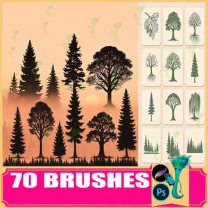 May include: Digital art set featuring 70 tree brushes. The image showcases various tree silhouettes against a warm, sunset-colored background. Includes a variety of tree types and styles, perfect for digital art projects.