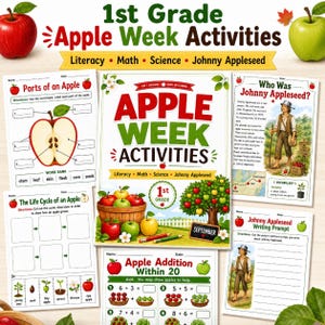 May include: A collection of 1st Grade Apple Week educational activity sheets featuring literacy, math, and science exercises. The pages include diagrams of apple parts, life cycles, addition problems, and a biography of Johnny Appleseed with illustrations.