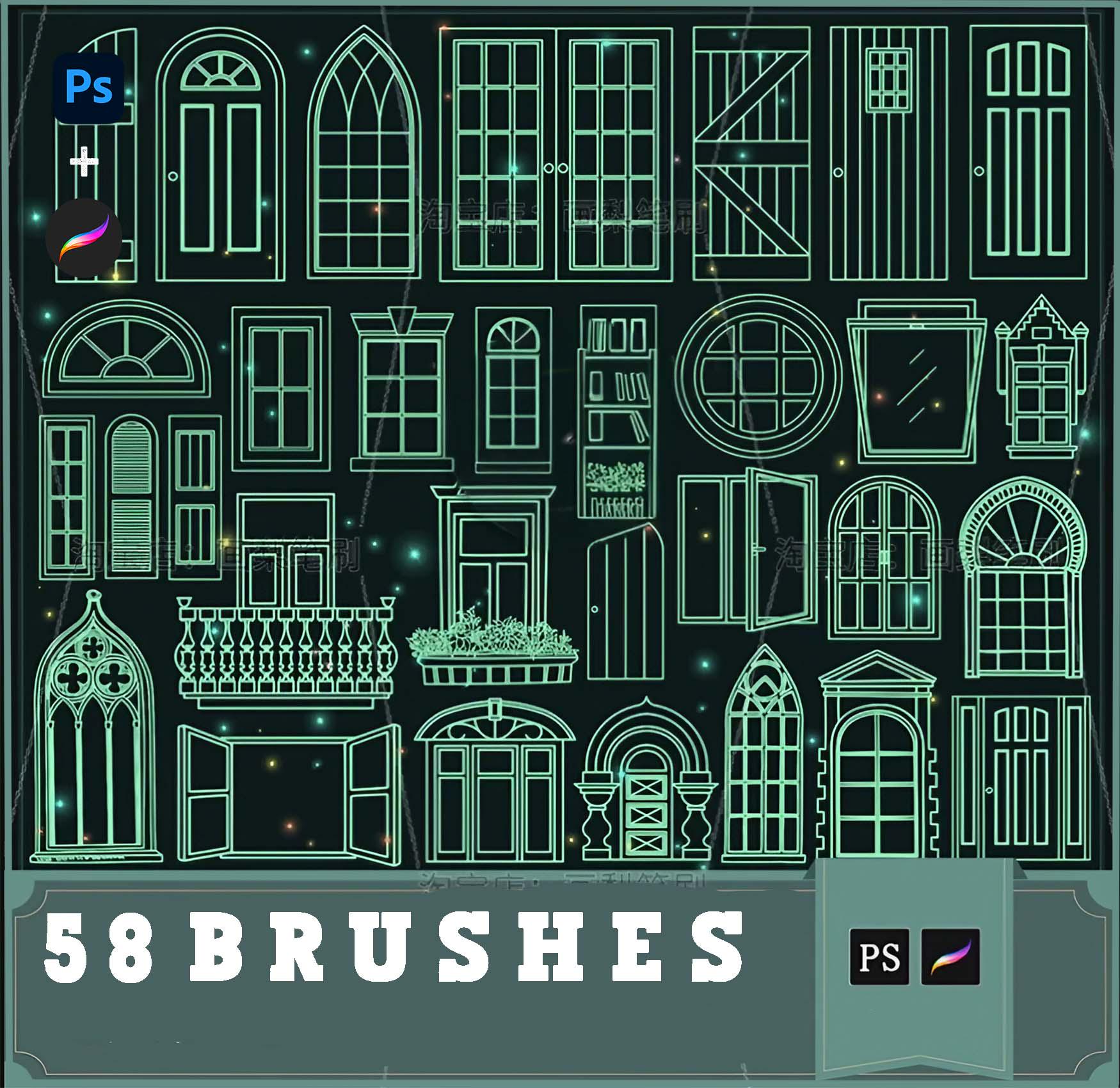 Procreate & Photoshop Architektur-Pinsel – Türen, Fenster, Fassaden, Klassisches Linienset (58)