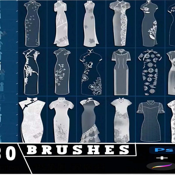 30 brushes procreate brush, ps brush Chinese traditional cheongsam, clothing design style ,clothing classical material copy, photoshop