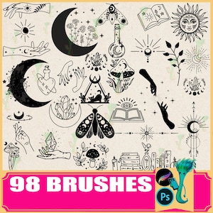 May include: A set of 98 brushes with mystical and celestial designs. The illustrations include moons, hands, crystals, moths, mushrooms, suns, and open books. The text "98 BRUSHES" is displayed in a pink banner.