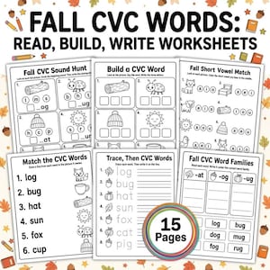 Puede incluir: Una colección de hojas de trabajo educativas tituladas FALL CVC WORDS: READ, BUILD, WRITE WORKSHEETS. Las páginas presentan ilustraciones en blanco y negro de elementos otoñales como troncos, insectos, gorros, soles, zorros y tazas para fonética.