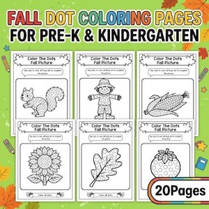 May include: A set of six printable dot coloring pages featuring fall themes including a squirrel, scarecrow, corn, sunflower, leaf, and fruit. Each page has the text Color The Dots Fall Picture and instructions to color all the dots.